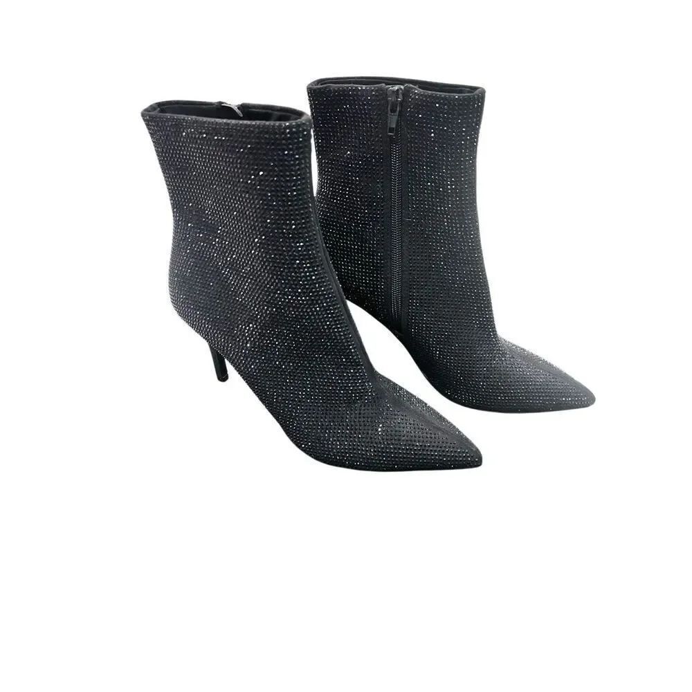 Express Women's Sparkly Rhinestones Pointed Toe Heeled Booties Black Size 6.5